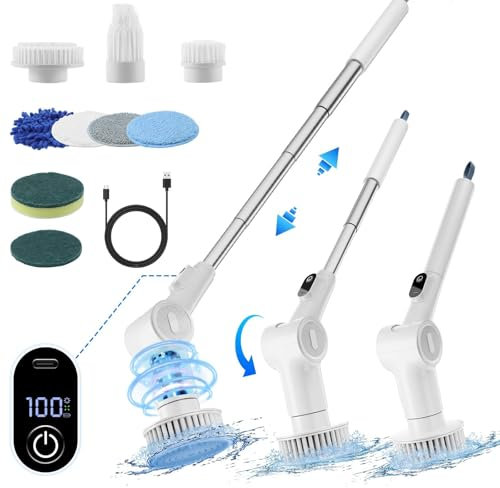 VpiuV Electric Cleaning Brush, Cordless Power Scrubber with 9 Brush Heads, 2-Speed, Adjustable Handle, 0°-90° Angle, Electric Spin Scrubber with Smart Display, Ideal for Bathroom, Kitchen, Floors