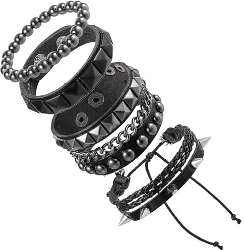 Telooco 4 Stück Gothic Nietenarmband Schwarz Punk Rock Nieten Armband 80er 90er Jahre Lederarmband Gothic Leder Punk Armbänder Schmuckzubehör für Halloween Cosplay Party Manschettenarmband