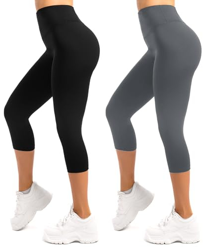 SINOPHANT 3/4 Leggings Mujer Cintura Alta Opaco Elástico Tallas Grandes Leggings 2 Pack Negro