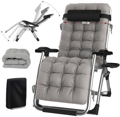 Chaise longue pliante avec dossier réglable, chaise longue de jardin pour pause déjeuner avec dossier inclinable, chaise de jardin extra large avec coussin, pour patio-jardin-plage-piscine, capacité