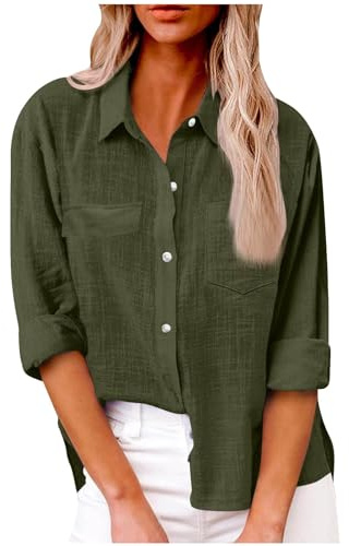 Camisa de lino con botones para mujer, elegante, casual, cuello y manga larga, holgada, para verano, color liso, para el trabajo, S