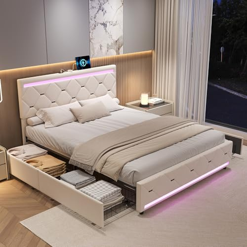 LIVLUX Lit 160x200 avec Sommier LED et USB, Lit Double rembourré avec 4 tiroirs Rangement et réglable Tête de lit,lit 2 Personnes pour Adultes et Adolescents (Blanc A, 160 x 200 cm)