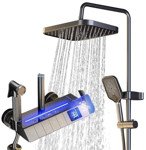 Duschkopf Handdusche Set,Duschsystem mit LED Thermostat Duscharmatur Komplettset,Duschbrause Regendusche 31x21cm,Zusatzdüse und Armatur,Duschsäule Höhe verstellbar 77-115cm
