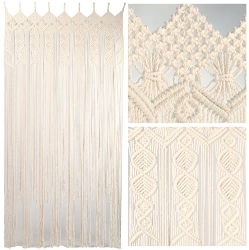 Equeen Handicraft Front Door Curtain, Boho Curtains, Room Divider, Macrame Wall Hanging, Lace Curtains, Doorway Curtain Tapestry Wall Hanging, Door Streamers, Cotton String (Leave 195x90cm_Beige)