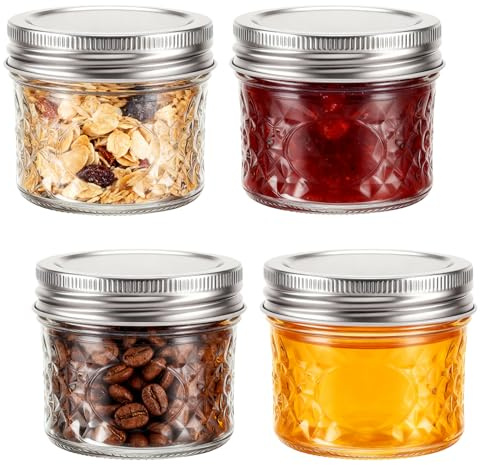 Hejo 4 Piezas Mini Tarros de Cristal con Tapa, 100 ml/3,4 oz Tarros Mason con Textura de Rejilla y Tapa, Tarros Herméticos para Mermelada Miel Especias Avena Nocturna