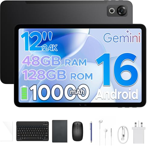 POPUX P12 Tablets Android 16, 120Hz 2.4K Tablet 12 Pulgadas con Gemini AI, 48GB+128GB/2TB, Unisoc T7280 Octa-Core, 10000mAh, 13MP+8MP, Face ID, Widevine L1, Auriculares 3.5 mm, Teclado, Lapiz, Negro