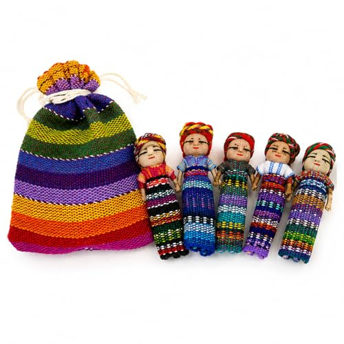 Buddha-Buddha Handmade Guatemalan Worry Dolls, 5 Large 6cm Figures, Traditional Woven Bag, Fair Trade Spiritual Gift