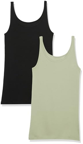 Amazon Essentials Women's Slim-Fit Thin-Strap Tank Top, Pack of 2, Black/Light Sage Green, L