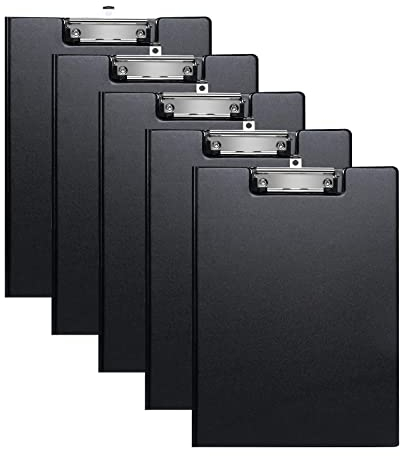 (5 Stück) Klemmbrett A4 mit Deckel, Schreibbrett Klemmbretter mit Metalklemme und Aufhängeose, Aufklappbare Clipboard mit Tasche, Klemmbrettmappe für Büro,Schule（Schwarz）