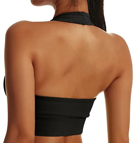 Vertvie Neckholder Sport BH Rückenfrei Fitness Bustier Damen Gepolstert Push Up BH Ohne Bügel Sport BH Top Yoga Bra Mittlerer Halt Workout(Schwarz,S)