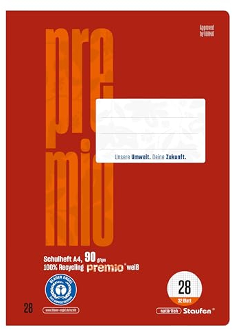Staufen premio Schulheft - 2 Hefte je 32 Blatt, DIN A4, Lineatur 28 (5mm kariert mit Randlinien), 90 g/m² Recyclingpapier, runde Ecken verhindern „Eselsohren“