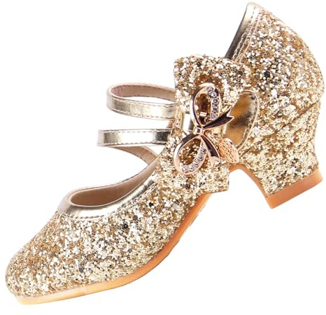 EIGHT KM Zapatos de Tacón Alto para Niñas Mary Jane Princesa Fiesta Boda Bombas EKM7035 Brillo Chispeante de Cristal Lazo Metálico Oro Talla de la UE 24