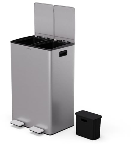 Klarstein EcoVista Mülleimer - 60L Abfalleimer mit 2 Fächern & 3L Kompostbehälter, Soft-Close, Edelstahl, Küchen-Abfalleimer, Mülltrennsystem