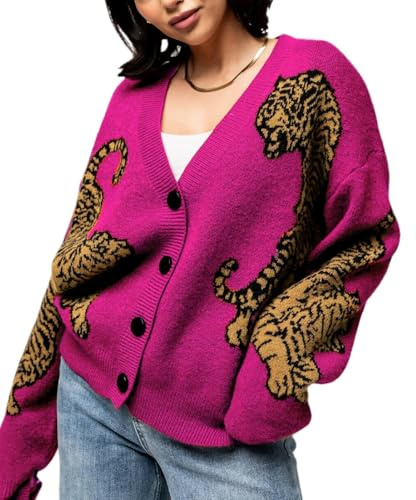 FeMereina Women Tiger Print Cardigan Sweater Long Sleeve Button Down Knitwear Loose Fit Cropped Cardigan Cute Fall Streetwear (Purple, S)