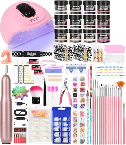 DouborQ Acrylic Nail Kit with Electric Nail Drill Nail Lamp False Nail Tips Starter Set Acrylic Nail Art Supplies for Beginner with Everything (12 Color Kit - D Color)