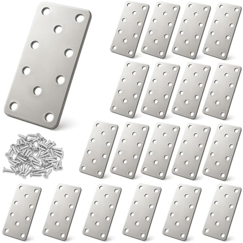 Xyxu Flat Brackets for Wood, 20pcs 100 × 40 × 2mm Flat Joining Plates, Sleeper Bracket Heavy Duty, Galvanised Steel Mending Plates for Connector, Metal Brackets for Wood Fixing