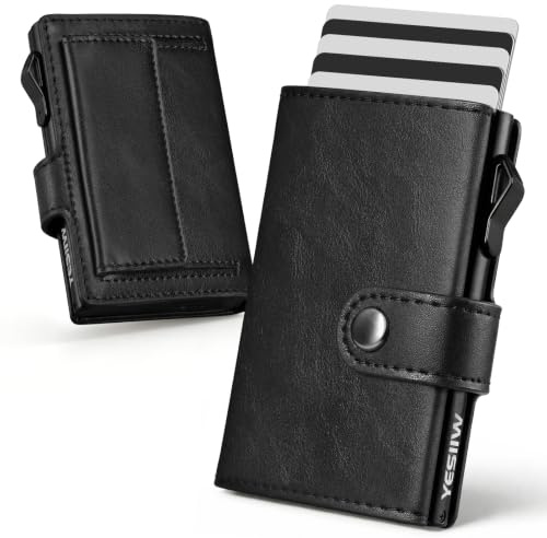YESIIW Mens Wallet RFID Blocking Leather Minimalist Smart Pop Up Trifold Credit Card Holder with 9 Cards, 2 ID Window, Card Wallets with XL Coin Pocket, 8-10 Coin, Wallet(Bright Black)