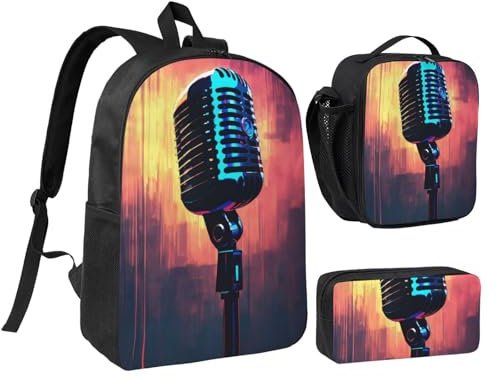 DUWAA Ensemble 3 en 1 avec microphone et sac à dos imprimé notes de musique, sac à bandoulière, sac à déjeuner, pochette à stylos, 43,2 cm pour homme et femme, noir, One Size