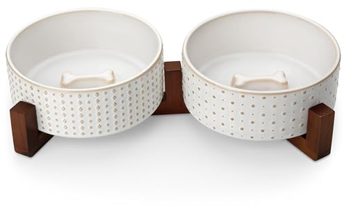 MALACASA Hundskålsset, keramiska skålar med valnötsträ stativ, 4 koppar | Rombisk och prickig design, halkfri bas, för katter och hundar, cirka 26 % tyngre än liknande keramiska skålar