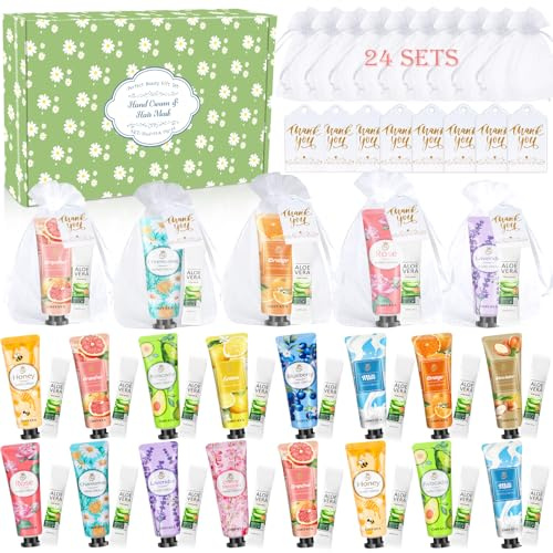 96 PCS Hand Cream Gift Set, 24 SETS Christmas Gifts for Women with Mini Hand Creams,Aloe Vera Hair Masks,Organza Bags and Thank You Cards, Small Gift for Mama Party Birthday Advent Calendar