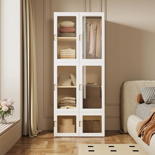 WSOFZMO Armario plegable, armario de almacenamiento, armario plegable, armario blanco con 10 compartimentos, 6 puertas, 1 colgador, polipropileno y PET, 170 x 69 x 50 cm (puerta transparente)