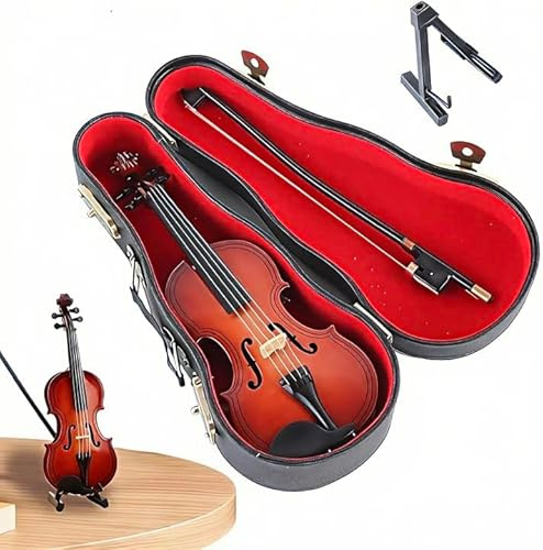 Miniature Violin, Tiny Wooden Instrument Model with Stand, Bow, Black Leather Case, Mini 8cm Worlds Smallest Violin Toy for Kids, Decorating Houses, Offices, Festival, Birthday Gift, Brown