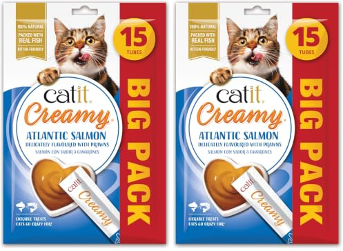 Catit Creamy Salmon & Prawn Lickable Cat Treats for Cats and Kittens, Cat Treat Licky Snack, Grain-Free Lick Treat, 15 x 10g Multipack (Pack of 2)