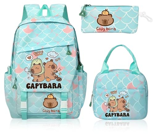 Fakcrkun Capybara School Bag, 3 Pcs Capybara Backpack with Lunch Box and Pencil Case, Large Capacity Waterproof Rucksack for Kids Student Teenagers