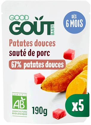 GOOD GOÛT - Patates Douces Et Sauté De Porc - Plat Cuisiné Pour Bébé - Dès 6 Mois - Purée Lisse - Fabriqué En France - Sachets Micro-Ondables - 5x190g