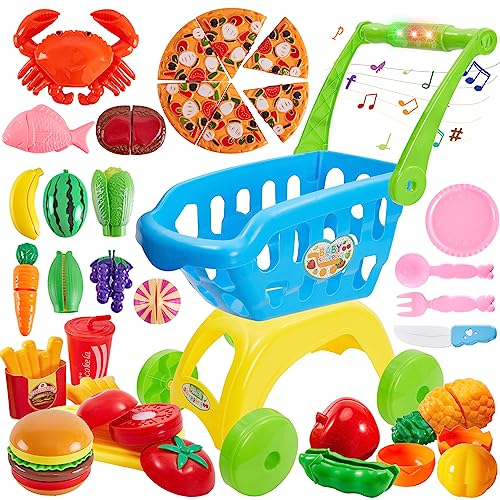 BUYGER Chariot de Courses avec 12 Chansons et Lumières, Dinette Aliment Jouet Fruits Légumes de Coupe, Accessoires de Magasin Supermarché, Cadeau Éducatif pour Enfant 3 4 5 + Ans