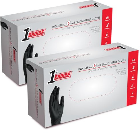 1st Choice Nitrile Gloves, Disposable, Latex-Free, Black, 6 Mil, for Mechanics, Cleaning, Automotive, Large, Box of 100