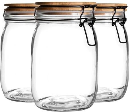 Argon Tableware Glass Storage Jar with Airtight Wooden Clip Lid - 1000ml - 3 Pack - Kitchen Container Round Preserving Jar for Pickling, Chutney, Jam, Coffee, Oats