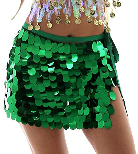 Sttiafay - Gonna per danza del ventre, sopra il ginocchio, con paillettes, da sirena, da avvolgere ai fianchi, per rave, carnevale, costume da donna (verde)