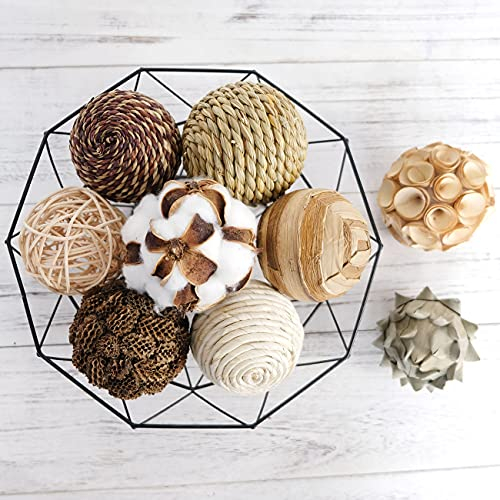 CIR OASES multi-material tri-color decorative ball 9 balls, natural rattan weaving ball, cotton ball, used for vase bowl filling, table decoration (brown)