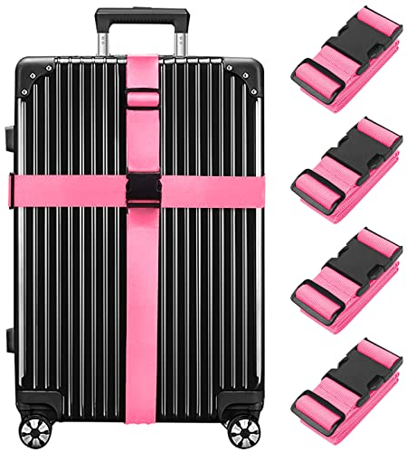 Newthinking Gepäckgurt, Koffergurt,Kofferband 4 Stücke, Strapazierfähig, Verstellbare Koffergurt mit Schnalle, Sicher Reisen Koffer Zubehör für Koffer, Gepäck (Rosa),3.8x200CM