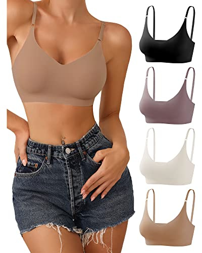 DEANGELMON 4 Pieces V Neck Bralettes Padded Seamless Adjustable Straps Bra Everyday Basic Sleeping Bras (4P3,S)