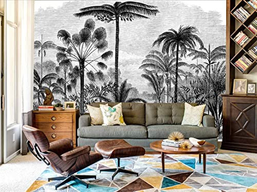 Papier Peint Panoramique 3D Jungle Soie,356x250cm 3D Personnalisé, Papier Peint Noir et Blanc Cocotier, Papier Peint Affiche, pour Décoration Chambre Coucher Salon Chambre D'enfant