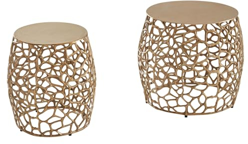 Wohnling Beistelltisch 2er Set Aluminium Gold Design Satztisch Metall Rund, Wohnzimmertisch Couchtisch AST-Struktur Modern, Sofatisch 2-teilig Wohnzimmer