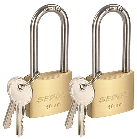 SEPOX® Marine Grade Outdoor Padlocks Keyed Alike, 40mm Heavy-Duty Solid Brass Lock Weather Proof, SUS304 Stainless Steel Long-Shackle, Rust Proof for Warehouse Garage Shed (2X Brass 40mm Long)