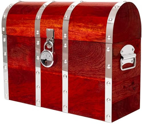 Vizayo Cofre del tesoro grande con cerradura y llaves, caja de madera hecha a mano de 16 x 12 pulgadas, cofre del tesoro pirata con tapa con bisagras, baúl de almacenamiento de madera de mango