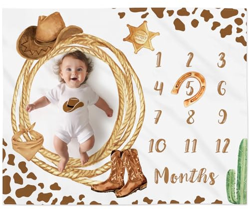 Gicoherero Cowboy Baby Milestone Blanket with Felt Horseshoe Frame Western Theme Cow Print Photo Props My First Rodeo Birthday Party Supplies