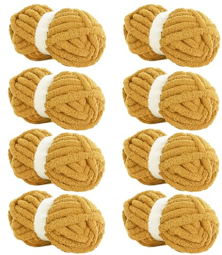 HOMBYS Yellow Chunky Chenille Yarn for Crocheting, Bulky Thick Fluffy Yarn for Knitting,Super Bulky Chunky Yarn for Hand Knitting Blanket, Soft Plush Yarn, 8 Jumbo Pack (27 yds,8 oz Each Skein)