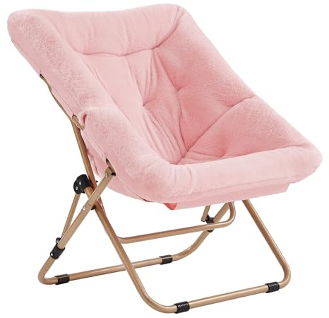 SESHINELL Comfy Saucer Chair, Oversized Foldable Faux Fur Accent Lounge Reading Lazy Chair with Metal Frame for Bedroom, Living Room, Dorm Rooms, Pink