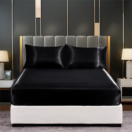 Tospass Satin Spannbettlaken 160x200cm Boxspringbett Topper Schwarz Luxus Seide Glanzsatin Spannbetttuch Glatt Leintuch Weiche Microfaser Bettlaken für Matratze bis 15-30cm Hohe