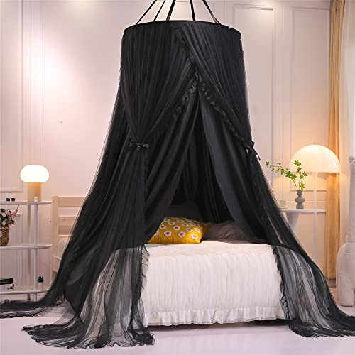 HUOQOU Double Layer Princess Round Dome Canopy Bed Curtain for Girls Children Dreamy Mosquito Net Cute Bedroom Decoration Castle Play Tent Reading Corner(Black/Black)