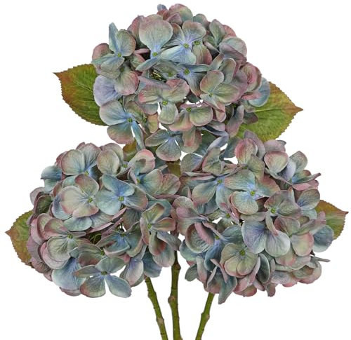 Hollyone Hortensias artificiales, 3 unidades, flores falsas de seda de 18.8 pulgadas, flores grandes de 6 pulgadas, flores artificiales realistas de color azul polvoriento para arreglos florales