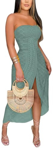 CHICME Women's Strapless Maxi Bodycon Dresses Wrap Asymmetrical Beach Maxi Long Dress Beach Sunset Dress Green-M