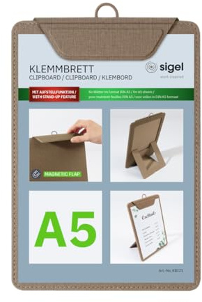 SIGEL KB121 klämbräda A5, beige, med stativfunktion, stabil klippbräda