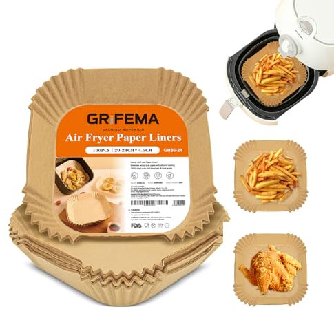 GRIFEMA Carta Forno per Friggitrice ad Aria, BPA Free, Monouso, 5-8 L, Carta per Friggitrice ad Aria Quadrati per Air Fryer, Forno, Padelle, Microonde (100 Pezzi, 20-24 cm)