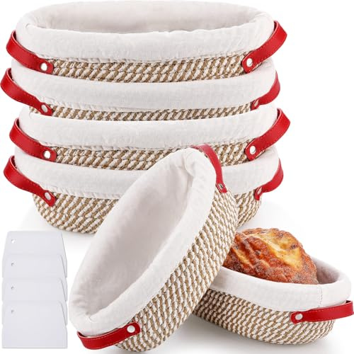 Gejoy 4 Pcs 10 Inch Cotton Rope Banneton Bread Proofing Basket Set Oval Bread Baskets with Liners & Covers Proofing Baskets for Sourdough Baking with 4 Strickle for Home Bakers Wife Mom(Yellow, White)